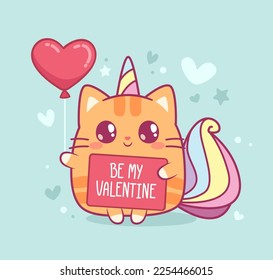 Cute Valentine's Day card with Caticorn kitten or White Cat Unicorn hold heart balloon and hand drawn inscription 