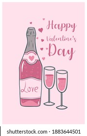 Cute valentine's day card with champagne and glasses. Vector graphics.