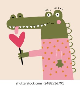 Cute Valentine's Day Card with Funny Alligator Licking Red Lollipop of Heart Shape. Happy Crocodile in a Pink Dotted Jumper. Nursery Vector Art with Friendly Alligator Ideal for Kids' Room Decoration.