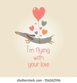 Cute Valentines Day card with funny dachshund flying on heart balloon. Vector illustration.