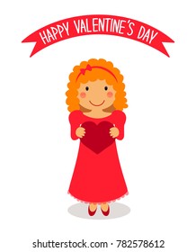 Cute Valentine's Day card with funny cartoon character of loving girl with heart in hands