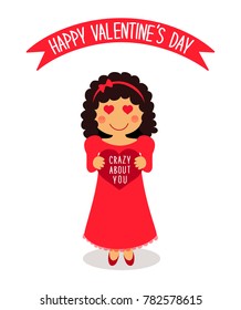 Cute Valentine's Day card with funny cartoon character of loving girl with heart in hands