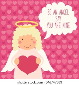 Cute Valentines Day card with hand drawn cartoon character of angel holding heart and speech bubble with hand written text