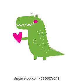 Cute Valentine's Day Card with Happy Green Crocodile. Simple Romantic Vector Illustration with Lovely Bear with Pink Heart Isolated on a White Background. Shy Alligator in Love. Cartoon Dinosaur.