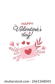 Cute Valentine's Day card with happy valentine's day with a love letter in pink and red colors. Vector