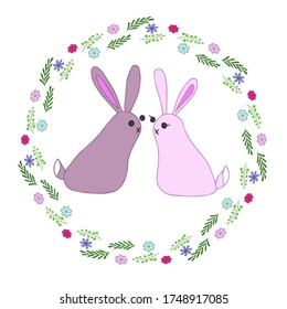 Cute Valentine's day card with hares in a wreath of flowers
