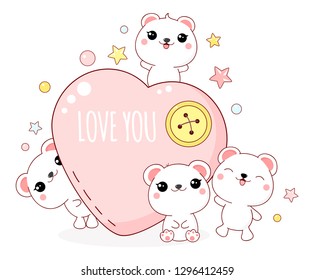 Cuta tarjeta de San Valentín al estilo kawaii. Agradables osos osos osos polares con corazón, inscripción Amarte. EPS8