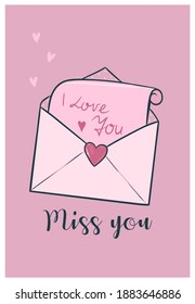 Cute valentine's day card with love letter. Vector graphics.