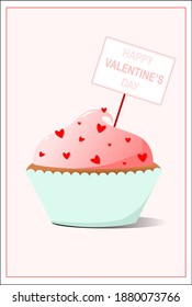 Cute Valentine's day card with pink cupcake and hearts