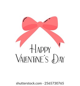 Cute Valentines Day card. Pink bow on square white background. February 14 romantic vector illustration. Happy Valentine greeting card simple design.  