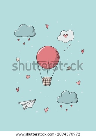 cute Valentine's day card, poster, printable decorated with hand drawn doodles of hot air balloon, clouds and hearts on blue background. EPS 10