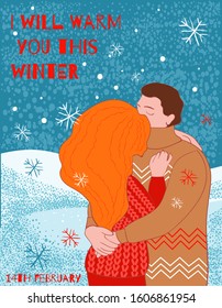 Cute Valentine's day card with romantic kissing couple on winter landscape background. 14th February vector illustration with noise texture. 