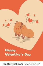 Cute Valentine's Day card with romantic capybaras with hearts. Vector template for greetings, cards, party invitations. 