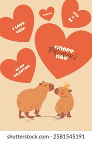 Cute Valentine's Day card with romantic capybaras. Vector template for greetings, cards, party invitations. 