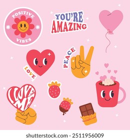 Bonito cartão Valentines Day conjunto com coração e outros elementos. Para banner de site, Venda, cartão de dia dos namorados, capa, folheto ou cartaz ilustração vetor moda. Estilo retrô, amor próprio