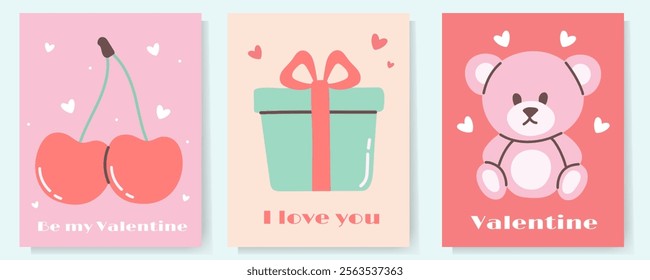 Cute Valentine's Day card set with romantic designs. Includes cherries, gift box, and teddy bear illustrations. Perfect for greeting cards, posters, invitations, and scrapbooking.