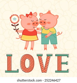 Cute Valentines day card with two pigs in love. Vector illustration