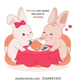 Cute Valentine's day card with two hand drawn cute kawaii bunnies share a meal at a table with a red cloth, featuring a large carrot dish. One bunny wears a red bow, feeding the other with a spoon. 