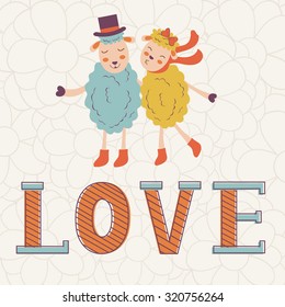 Cute Valentines day card with word love and cute happy sheeps. Illustration in vector format