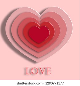 Cute Valentine's Day card with the words Love paper style, heart paper style valentine, imitation of paper, shadows and highlights, many hearts make up one composition, one heart over another