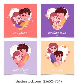 Cute Valentines Day Cards Collection. Hand drawn couples in heart frame. Cartoon boyfriend and girlfriend character hugs. Minimalist handwritten typography. Holiday postcard set. Vector illustration