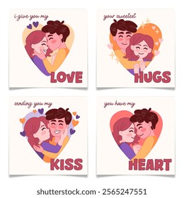 Cute Valentines Day Cards Collection. Hand drawn couples in love with hearts and stars around. Cartoon boyfriend and girlfriend character gently embrace. Holiday postcard set. Flat vector illustration