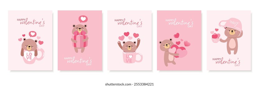 Cute Valentine's Day cards featuring adorable bears with hearts and love-themed elements on pink backgrounds. Perfect for expressing love and affection.