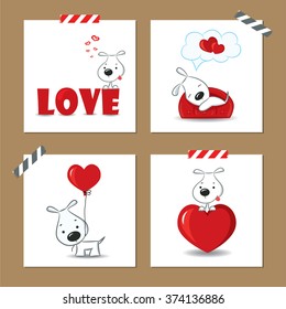 Cute Valentine's day cards with funny puppy and hearts.