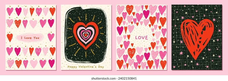 Cute Valentine's Day cards vector set with hand drawn pink and red doodle hearts and stars, with elegant dark and light background with gold dots for wedding and Mother's Day designs, love themes