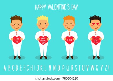 Cute Valentine's Day cartoon characters of loving boys with heart in hands