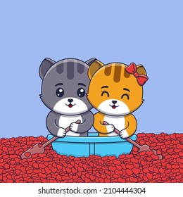 Cute Valentine's day cat couple rowing a canoe in the sea of hearts