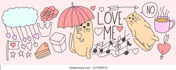 Cute valentines Day cat doodles, cute, banner,