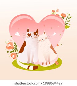 Cute valentines day cats couple sitting together on white background. Two white smiling cats in a bubble heart. Flat cartoon vector illustration
