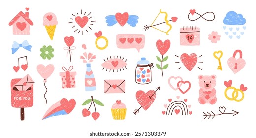 Cute valentines day childish crayon doodle set with hearts. Love romantic chalk sketch. Naive pencil drawing icon. Children hand drawn vector kids illustration