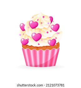 Cute Valentine's day cupcake icon. Cartoon illustration of sweet muffin decorated with a cream and hearts. Vector 10 EPS.