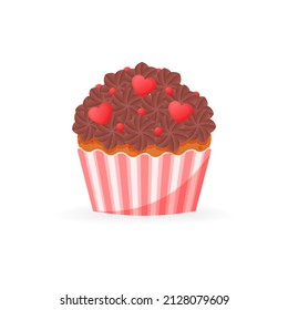 Cute Valentine's day cupcake icon. Cartoon illustration of sweet muffin decorated with a cream and hearts. Vector 10 EPS.