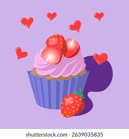 Cute Valentine's Day Cupcake with Pink Frosting, Heart Strawberries, and Floating Hearts on Purple Background
