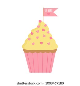 Cute Valentine's Day cupcake with vanilla cream and heart sprinkles. Lovely cupcake vector graphic illustration with little flag with writing Be Mine.