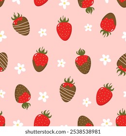 Cute Valentine's day dessert with strawberry and milk chocolate seamless wallpaper. Love holidays background in pink.