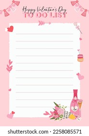 Cute valentines day to do list template with romantic element on pink background. Check list. Holiday flat illustration for valentine's day or wedding card