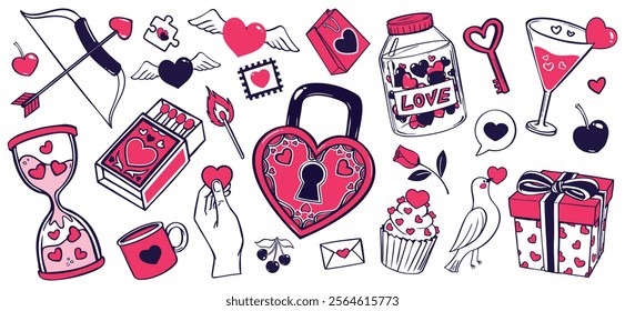 cute Valentine's Day doodle set. Love, romance and dating symbols collection, isolated design element. Hearts, gift. cupid bow, lock, key, love bird, trendy illustration clip art 