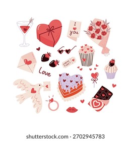 Cute Valentines Day Doodle Set with Hearts, Sweets, Gifts and Romantic Elements
