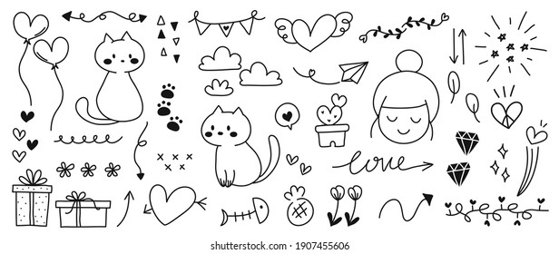 Cute valentines day doodle vector set.  Hand drawn fashion elements for kids. Love and animal , Labels, gift box , heart, arrow, wings, flowers set, cute cat, women, start, plant vector illustration.