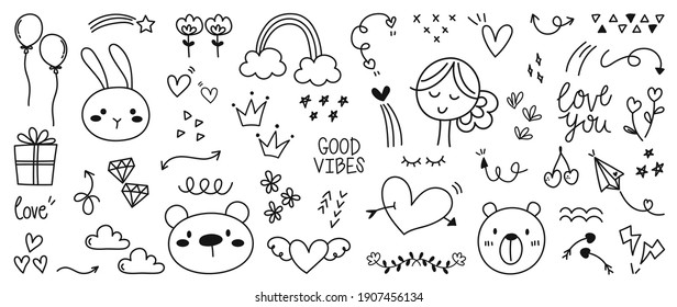 Cute valentines day doodle vector set.  Hand drawn fashion elements for kids. Love and animal , Labels, gift box , heart, arrow, bear, flowers set, rabbit, women, rainbow, plant vector illustration.