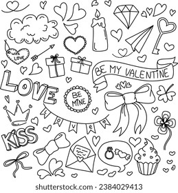 Cute valentines day doodle vector set. Hand drawn fashion elements for kids. Love and animal , Labels, gift box , heart, arrow, wings, flowers set, cute cat, women, start, plant vector illustration.