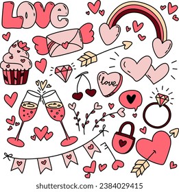 Cute valentines day doodle vector set. Hand drawn fashion elements for kids. Love and animal , Labels, gift box , heart, arrow, wings, flowers set, cute cat, women, start, plant vector illustration.