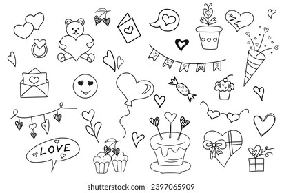 Juego de vectores de doodle de día de San Valentín. Elementos de moda dibujados a mano. Amor, este último con corazones, tarta, flores, globo, cajas de regalo, sonrisa, osito de peluche.