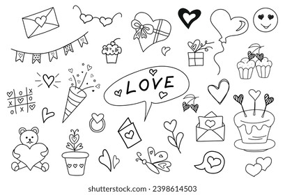 Cute valentine`s day doodle vector set. Hand drawn fashion elements. Love, latter with hearts, cake, flowers, balloon, gift boxes, smile, teddy bear.