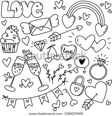 Cute valentines day doodle vector set. Hand drawn fashion elements for kids. Love and animal , Labels, gift box , heart, arrow, wings, flowers set, cute cat, women, start, plant vector illustration.