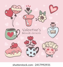Cute valentine's day doodles vector set. The 14th of February. Colored trendy illustration. All elements are isolated. 
